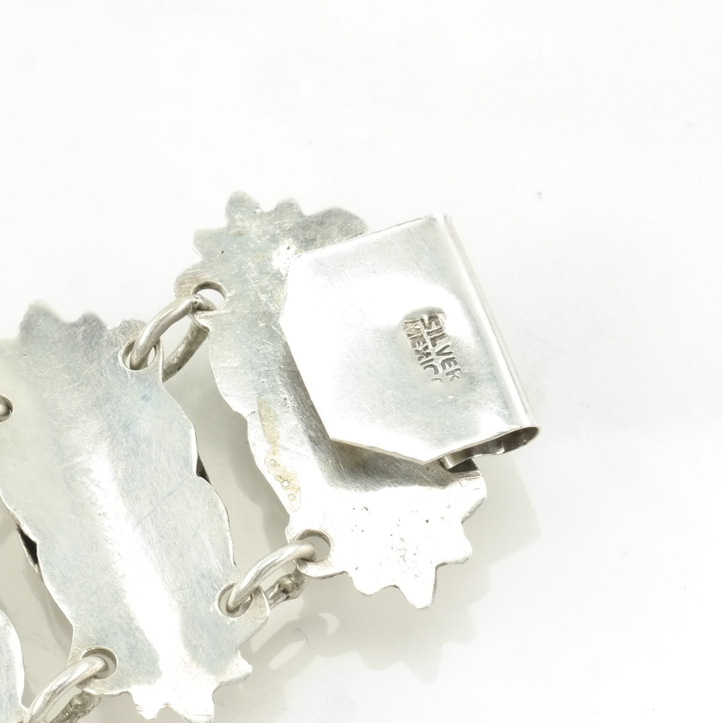 Early Mexico Sterling Silver Link Bracelet Green Lips Guatemalan Jade BR2454