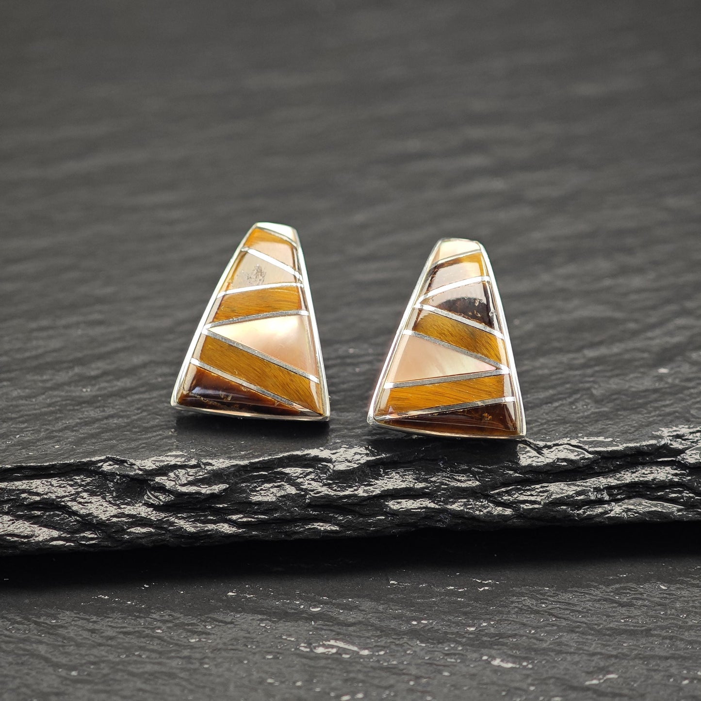 Brown, Translucent Tigers Eye, MOP Geometric, Inlay Stud Earrings Sterling Silver
