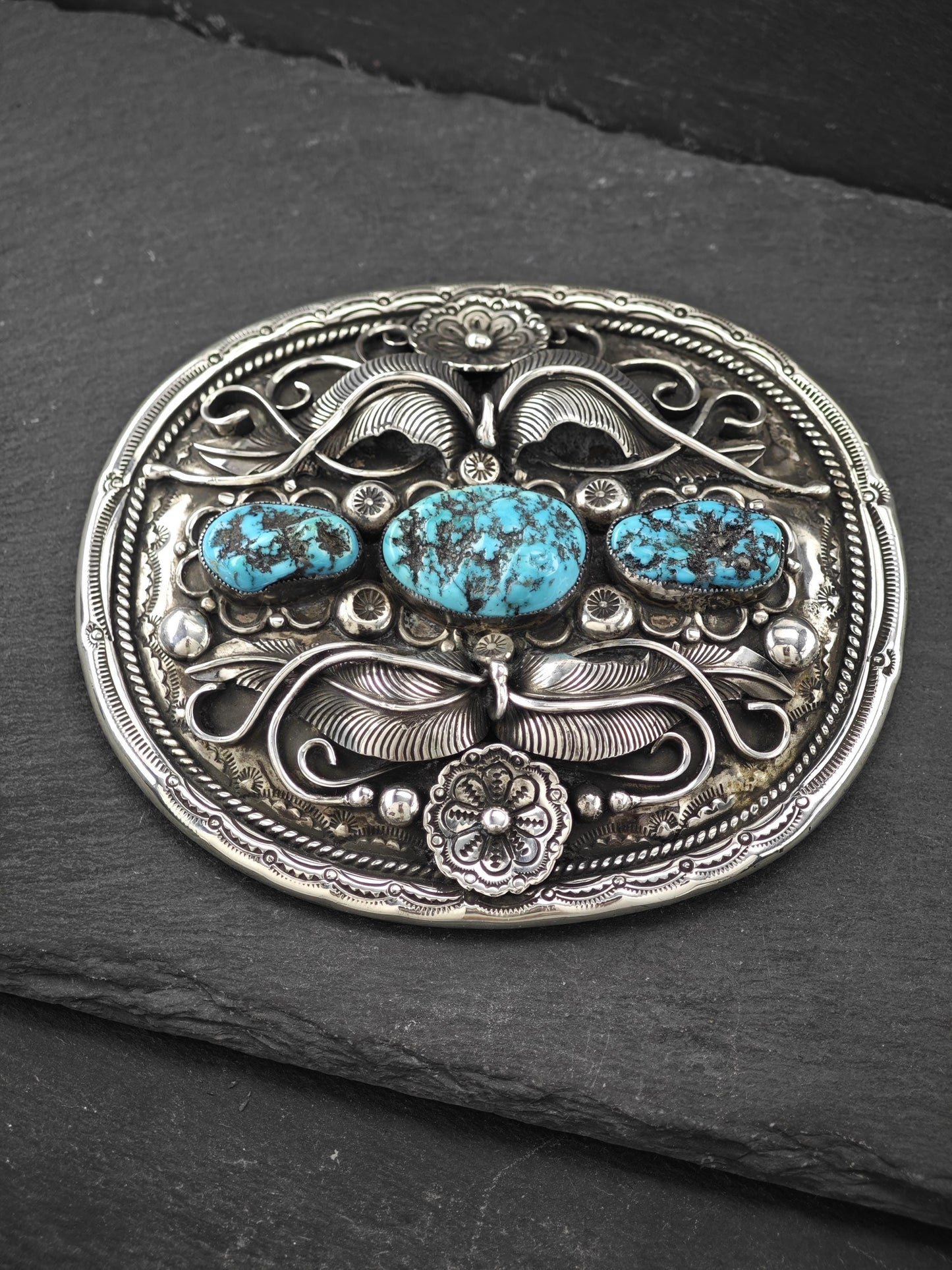 Native American Large Turquoise Belt Buckle Sterling Silver
