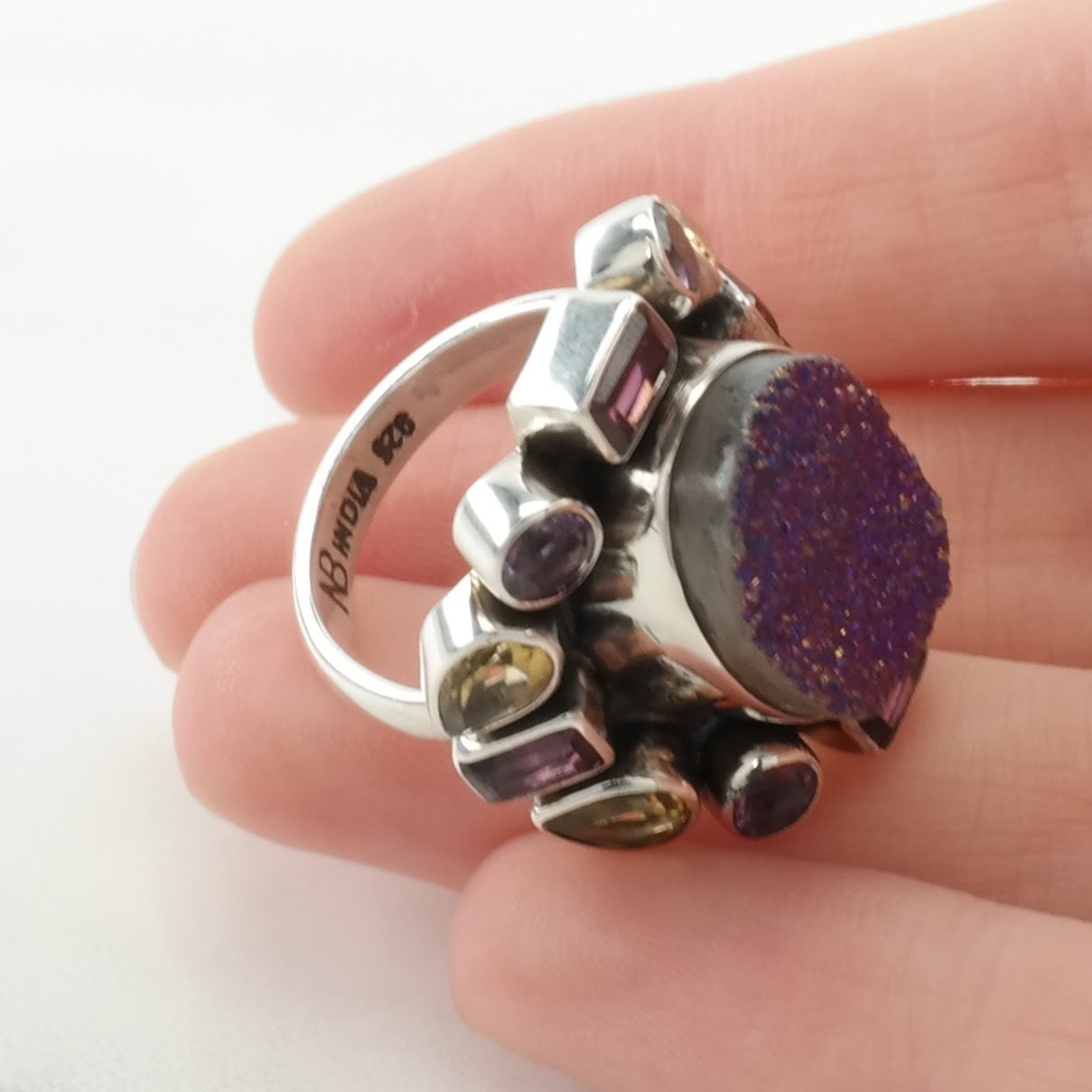 Vintage Nicky Butler Silver Ring Quartz, Garnet, Amethyst, Citrine Cluster Sterling Size 7