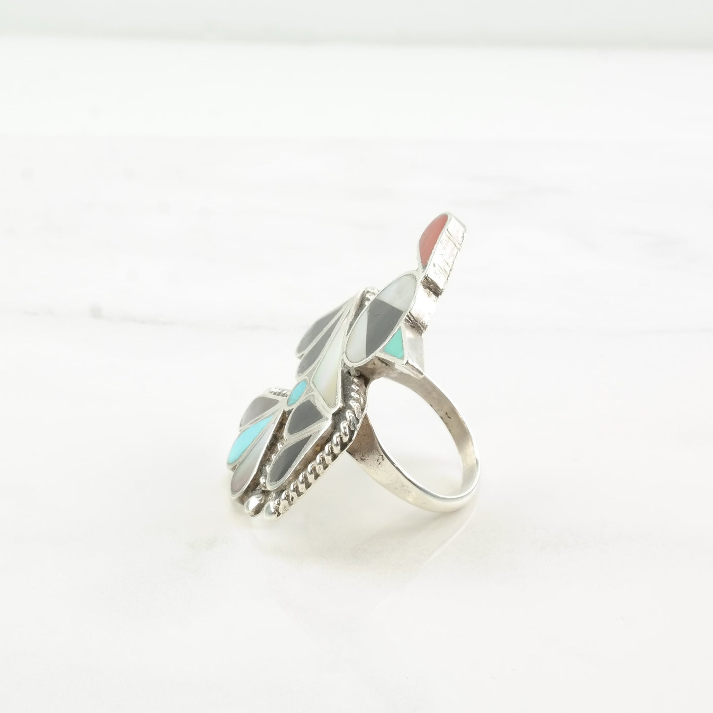 Vintage Zuni Sterling Silver Thunderbird Ring with Multi-Stone Inlay, Size 7, Attributed to Bobby Shack