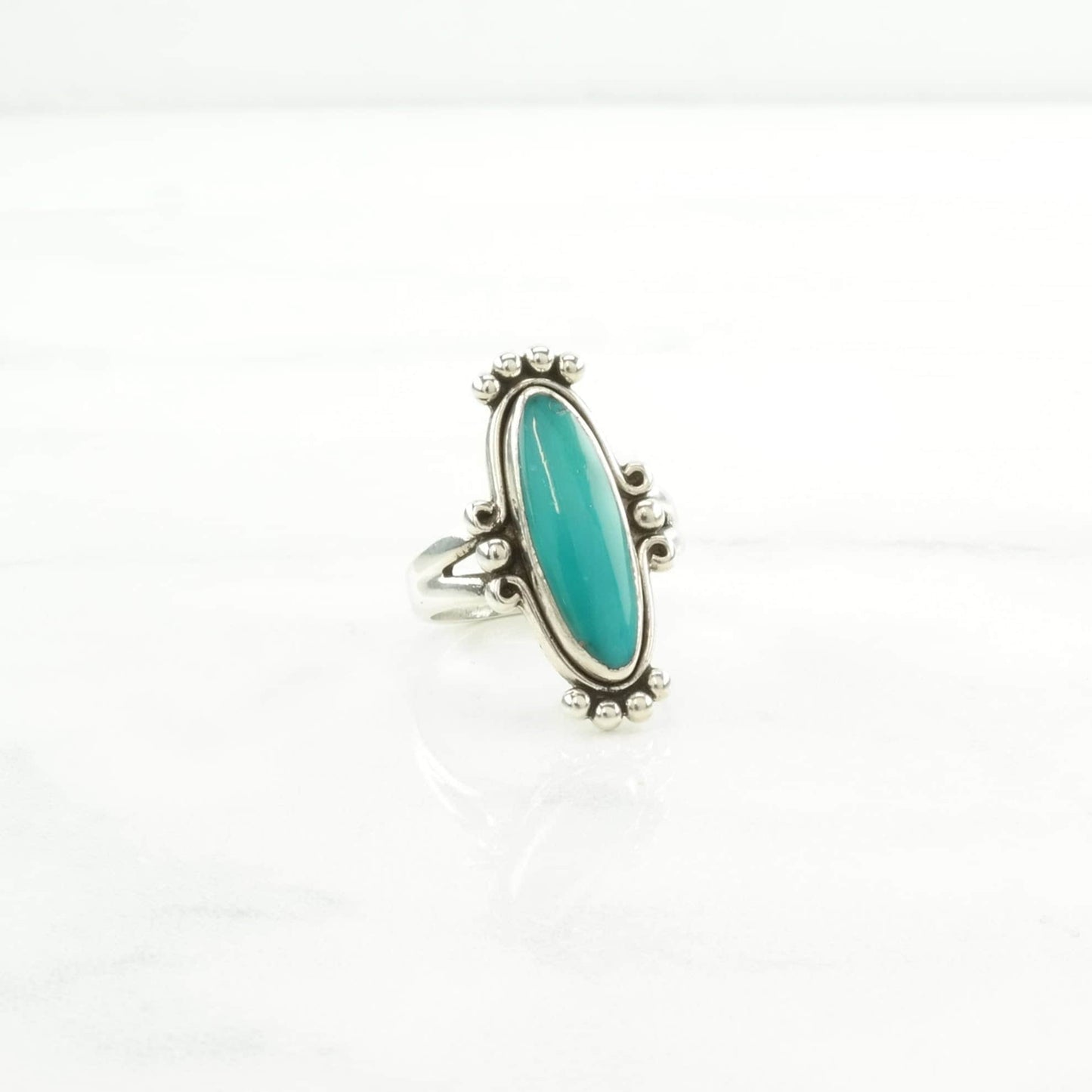 Vintage Fred Harvey Era Silver Ring Turquoise Navette Sterling Blue Size 5