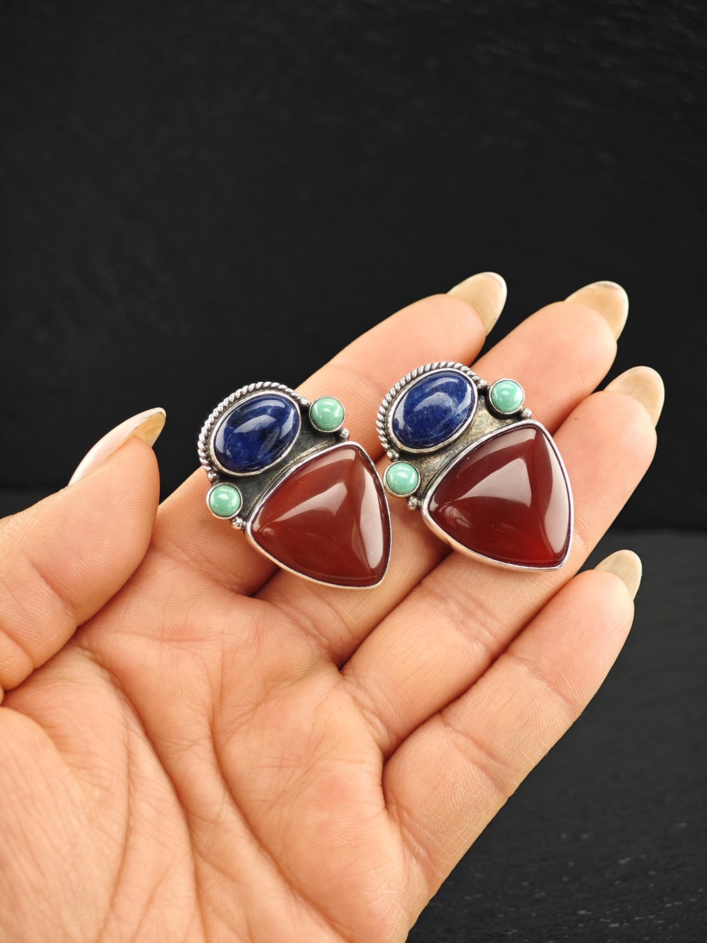 Vintage Turquoise, Sodalite Geometric Design Sterling Silver Clip-On Earrings