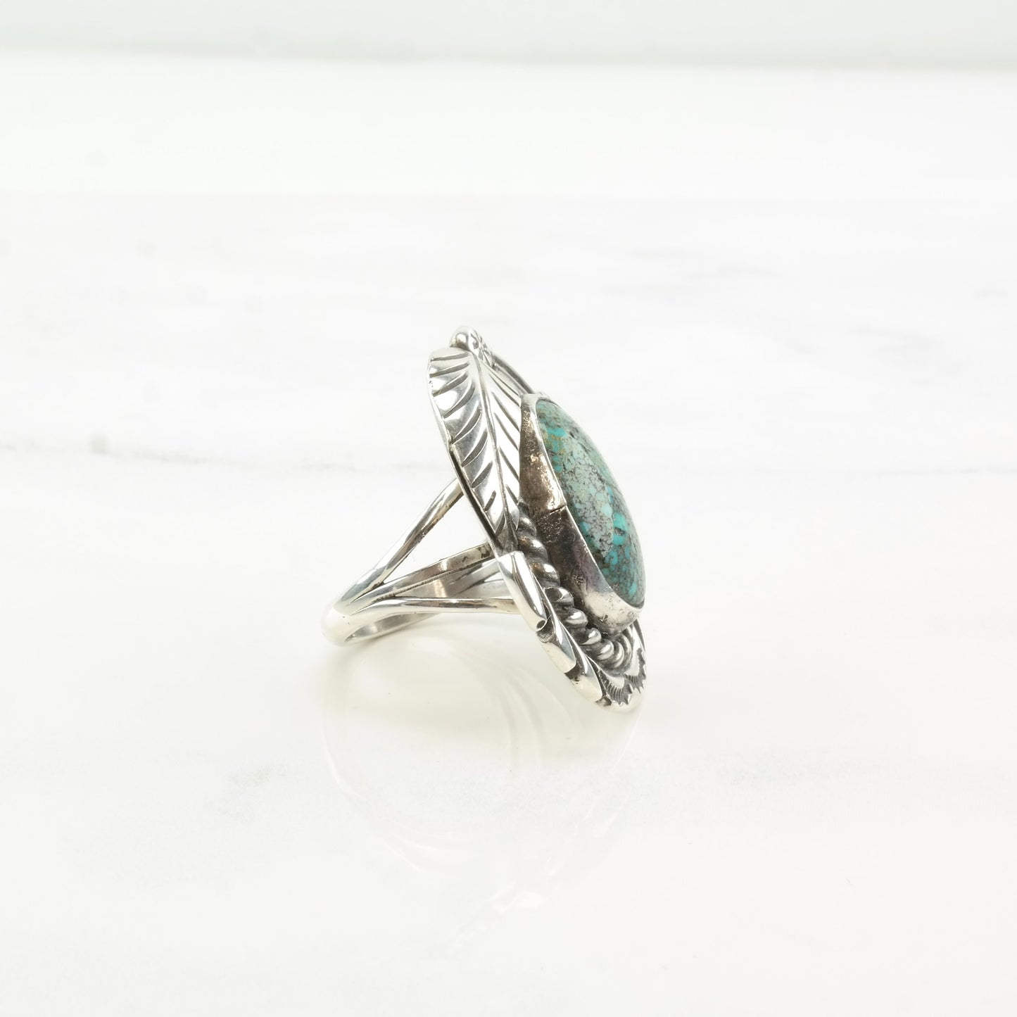 Vintage Navajo Silver Ring Spiderweb Turquoise Leaf Sterling Size 7 1/4