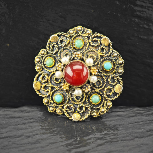 Filigree Pearl, Gemstone Gold Gilded Brooch/Pendant Sterling Silver