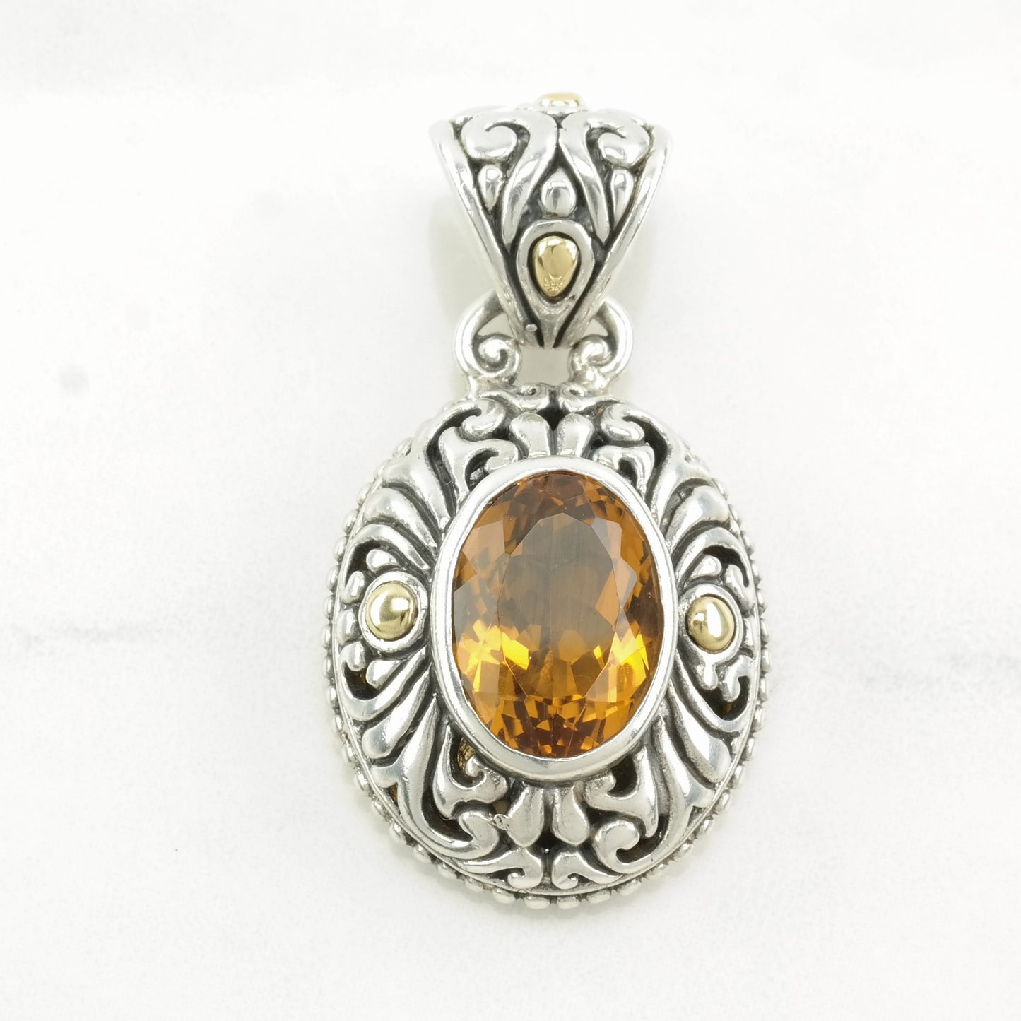 Vintage Citrine, 18K Gold Accent Ornate Sterling Silver Pendant