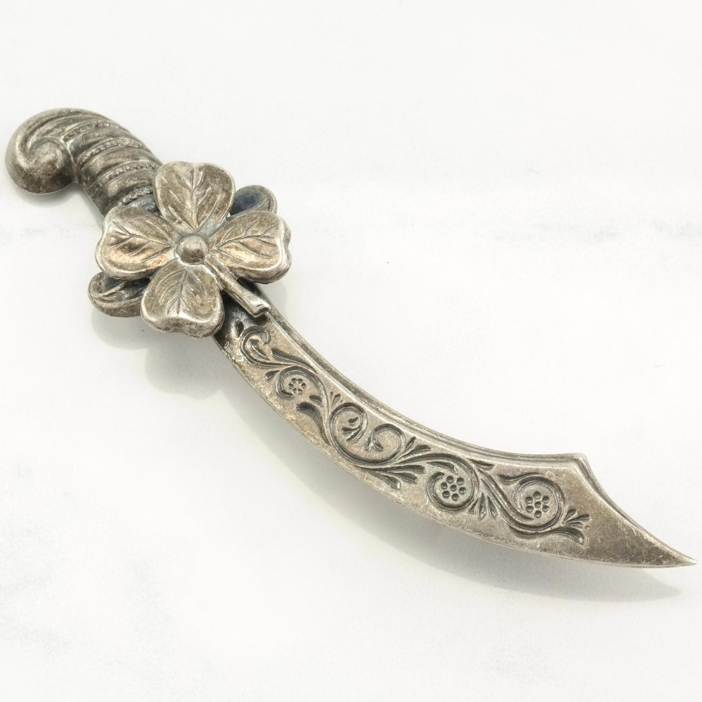 Vintage Brooch Floral, Four Leaf Clover Scimitar Sterling Silver