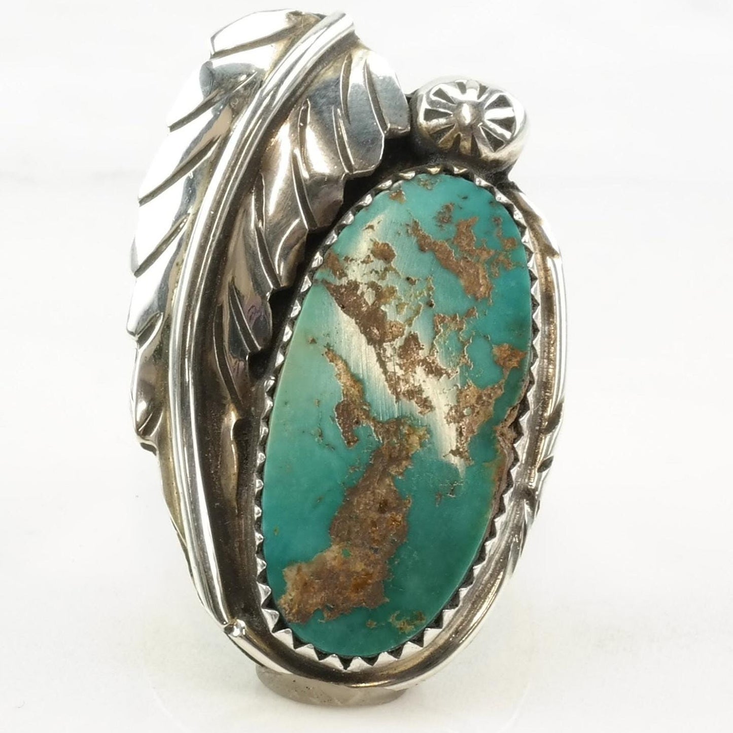 Vintage Native American Silver Ring Royston Turquoise Leaf Flower Sterling Size 7 3/4