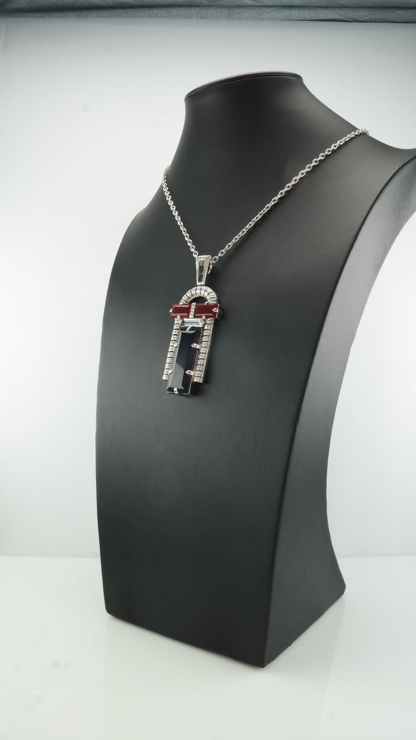 Vintage Nicky Buttler Art Deco Style Sterling Silver Smoky Quartz Carnelian Deco Arch Necklace