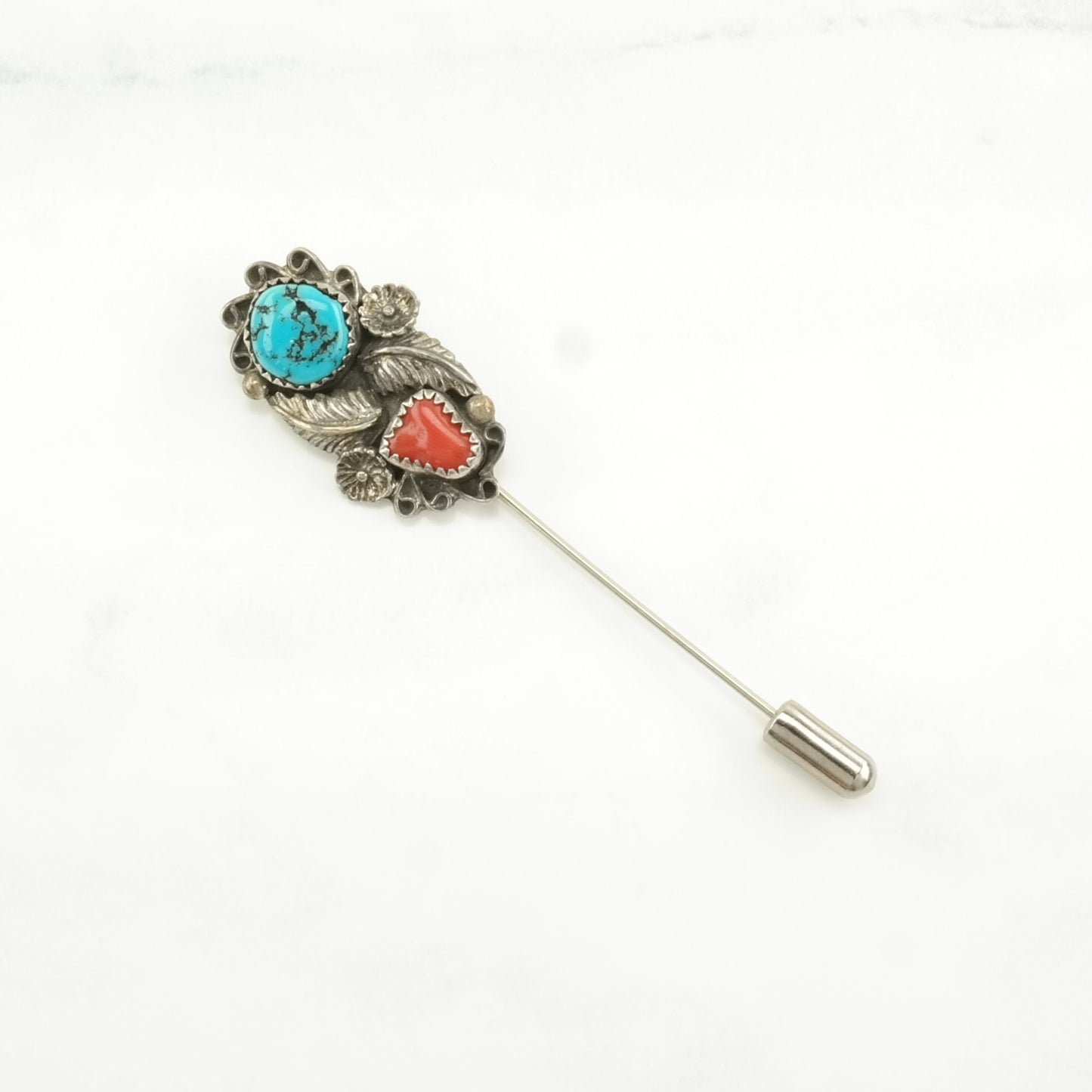 Choice: Native American Sterling Silver Brooch Floral Blue, Red Turquoise, Coral