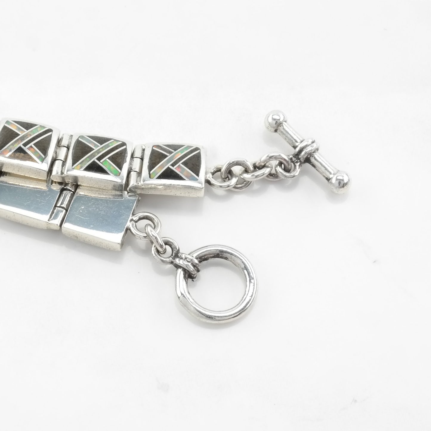 Lab Opal Inlay Sterling Silver Bracelet Onyx Southwest BR2555