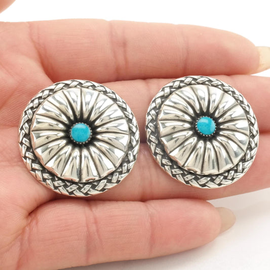 Southwest Block Turquoise Concho Earrings Sterling Silver Screw Back