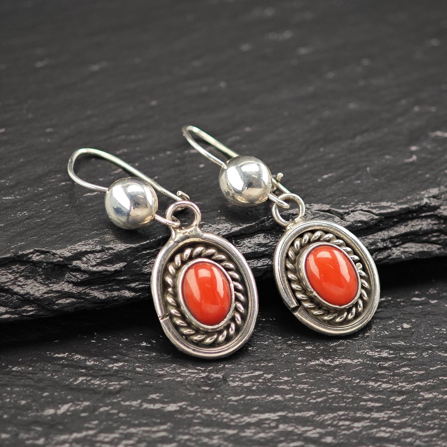 Native American Red Coral Oval Kidney Wire Earrings Sterling Silver