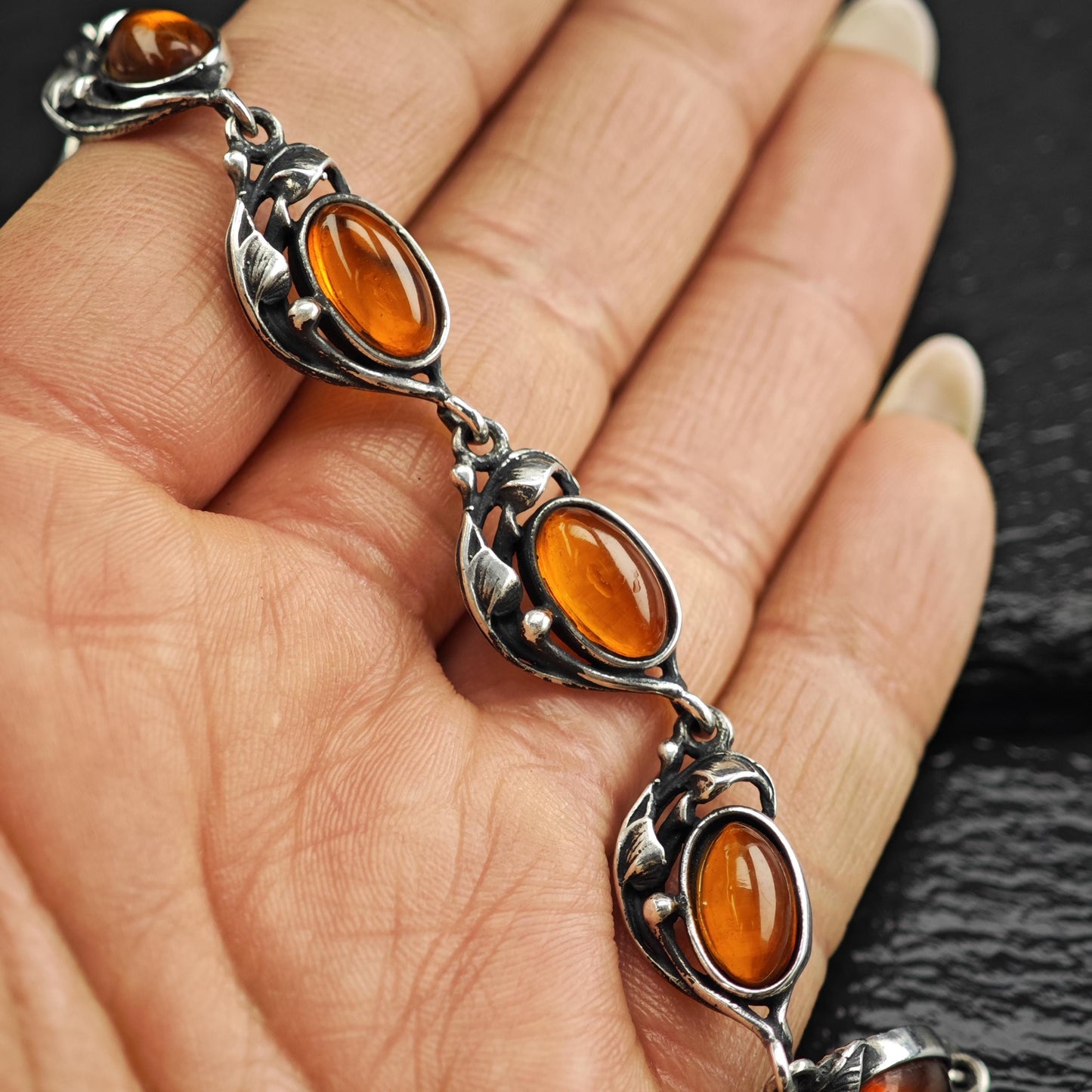 Art Nouveau Style Amber Link Bracelet Sterling Silver
