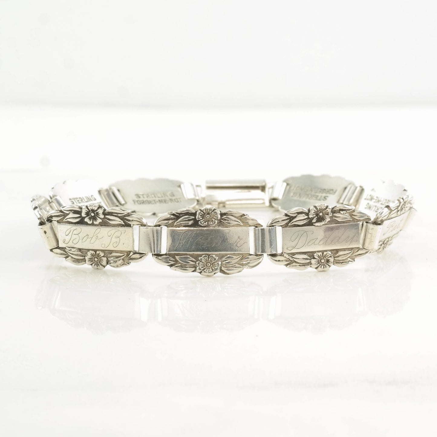 Forget Me Not Sterling Silver Link Bracelet Floral Engraved