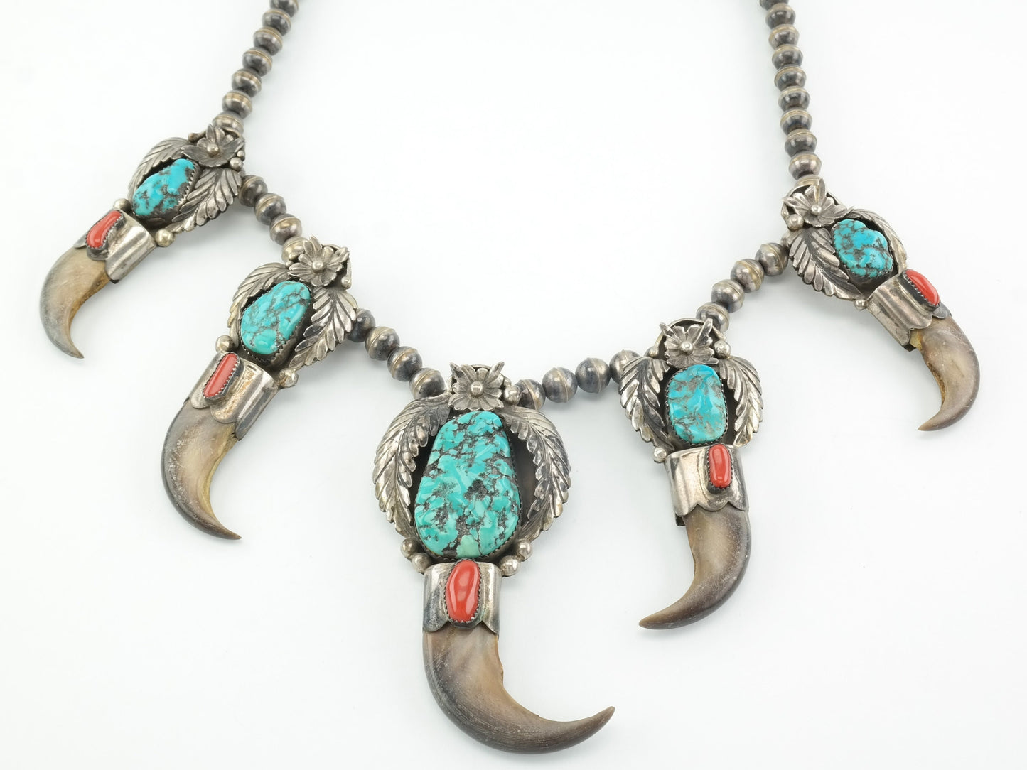 Native American Sterling Silver Turquoise, Coral, Floral, Feather Necklace