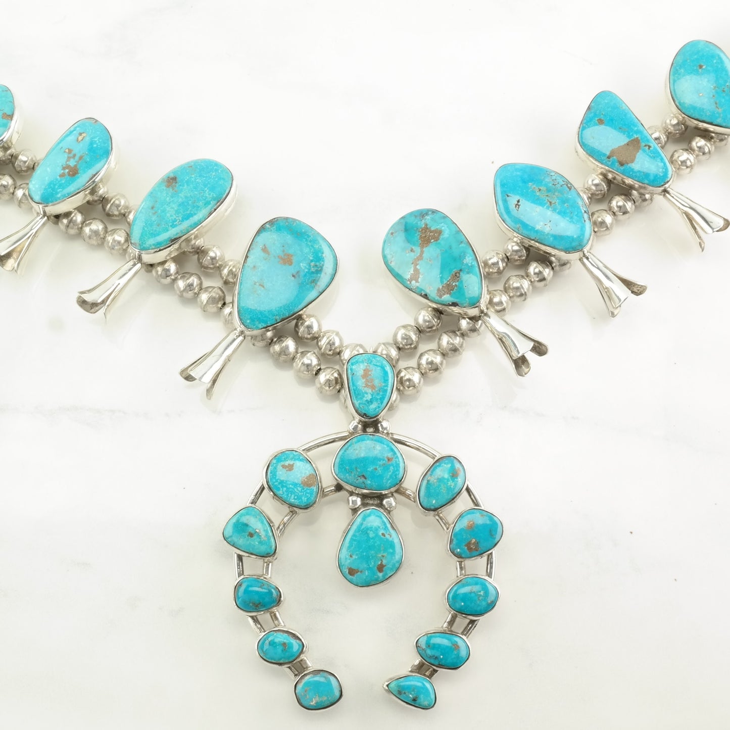 Vintage Squash Blossom Sterling Silver Blue Turquoise Mountain Peak Necklace