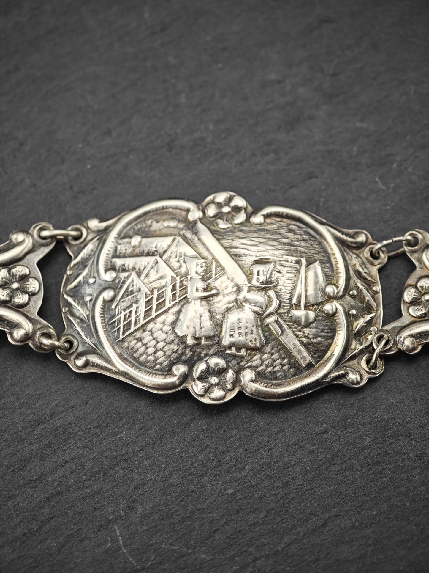 Vintage Repousse Foreign Sterling Silver Bracelet