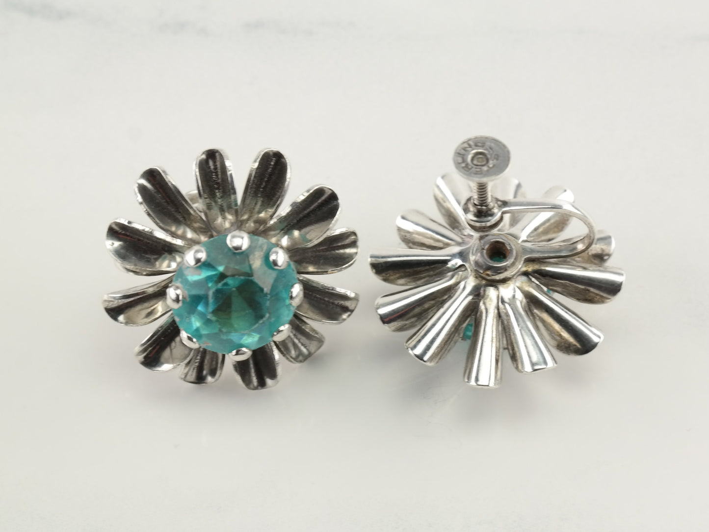 Vintage Sterling Silver Blue Rhinestone Earrings Screw Back