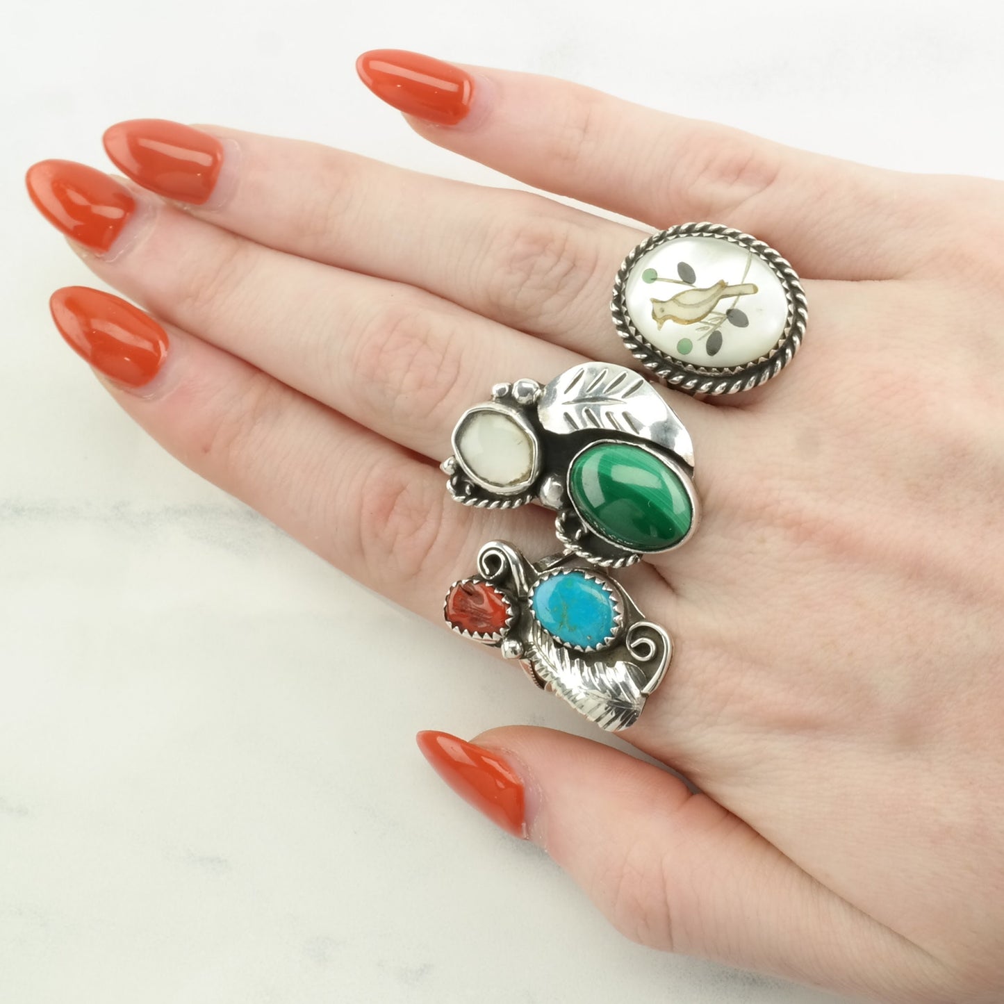 Vintage Southwest Silver Ring Malachite, MOP Leaf Sterling Green, White Size 5