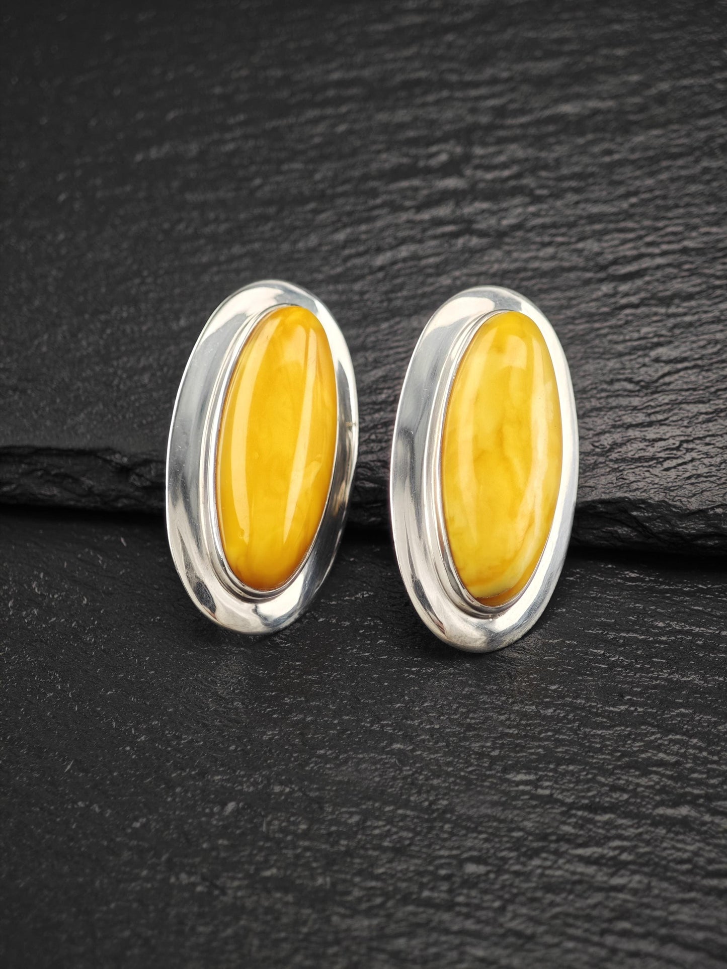 Large Oval Sterling Silver Butterscotch Amber StudClip-On Earrings MODERNIST Design