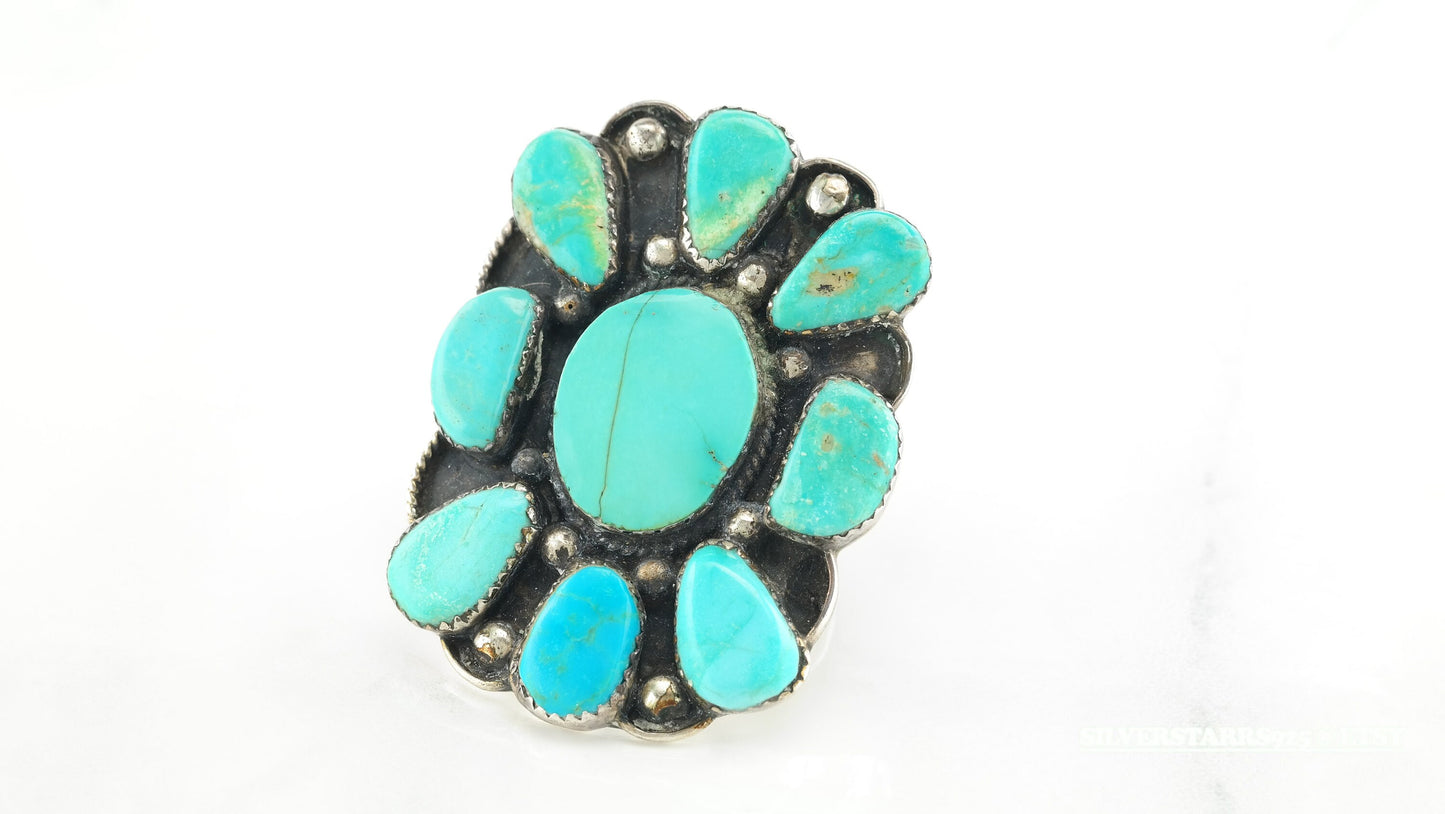 Vintage Native American Cluster Sterling Silver Ring Size 10 Blue Turquoise Shield