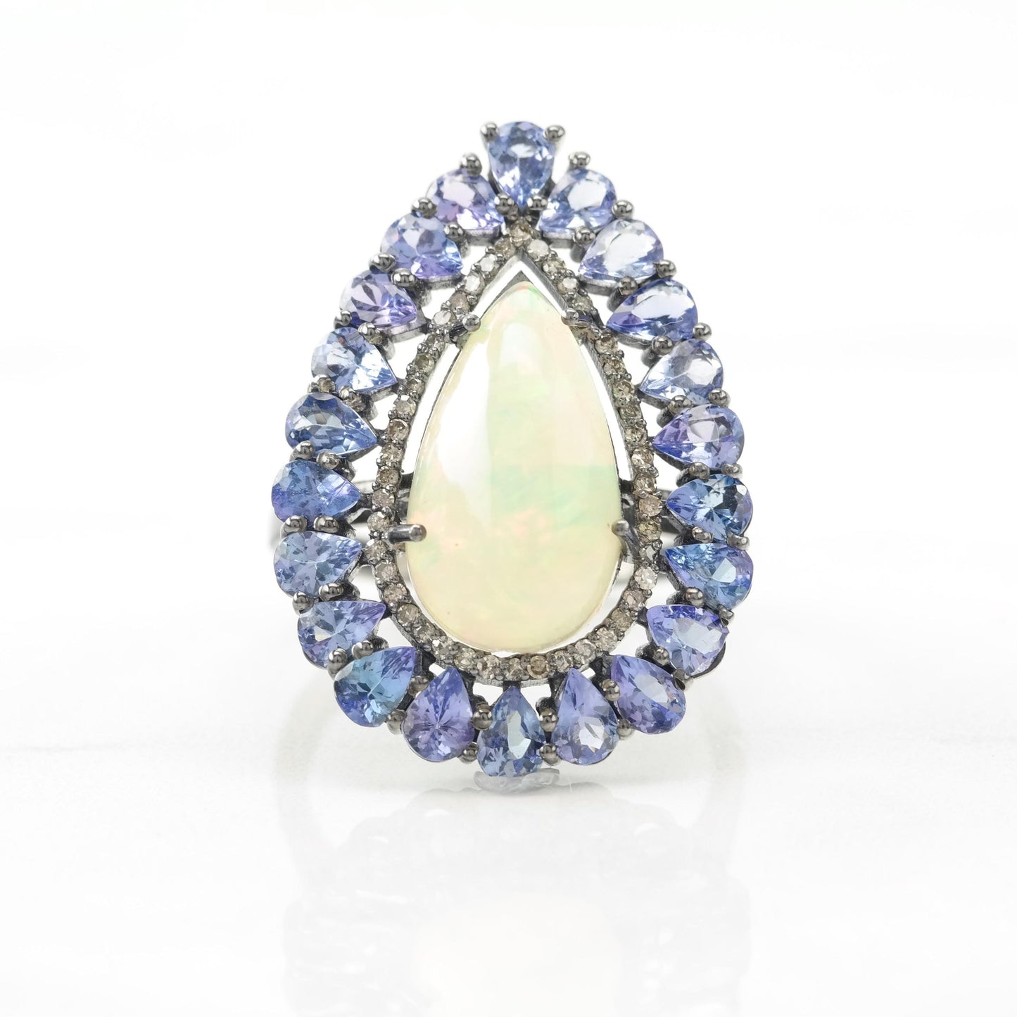 Oxidized Opal Tanzanite Diamond Silver Ring, Sterling