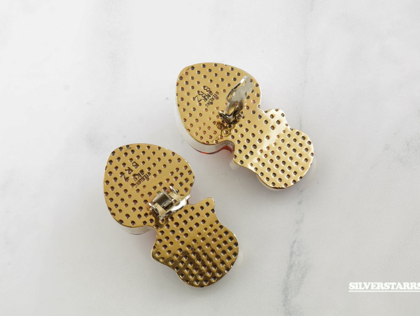 Sterling Silver Orange Red Amber Carnelian Clip-On Earrings