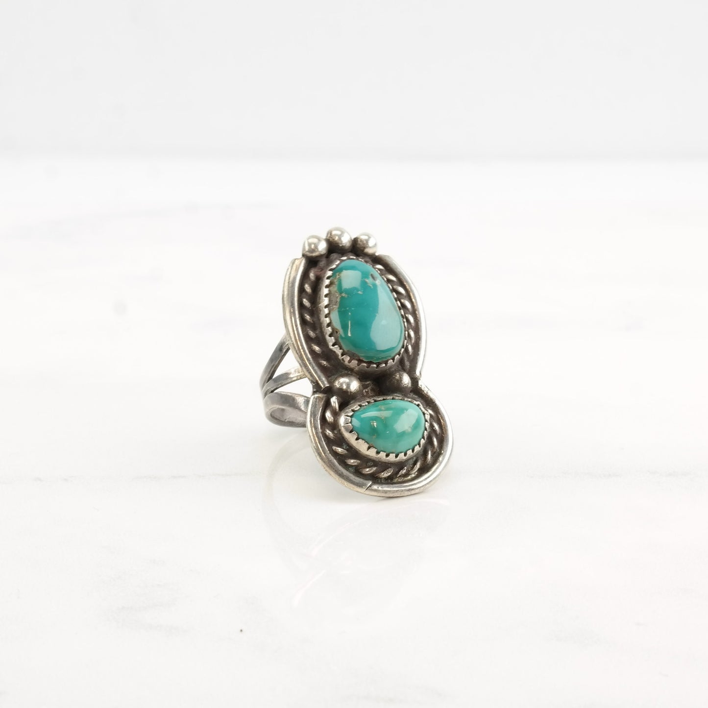 Vintage Native American Silver Ring Turquoise Double Stone Sterling Size 7 1/2