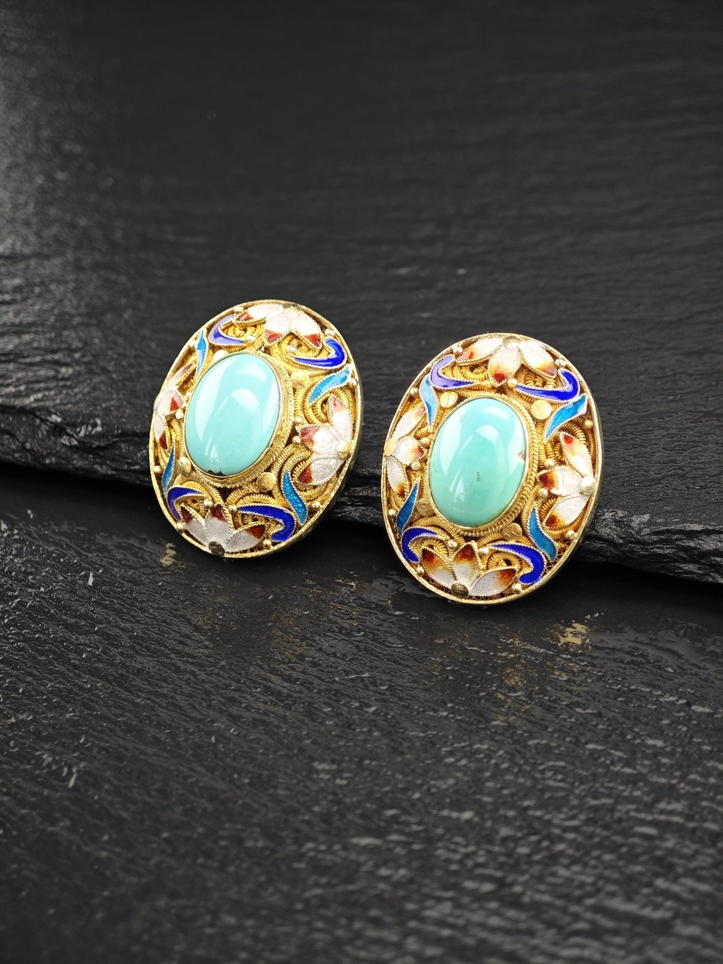 Chinese Export Turquoise, Vermeil Enamel Sterling Silver Stud Earrings