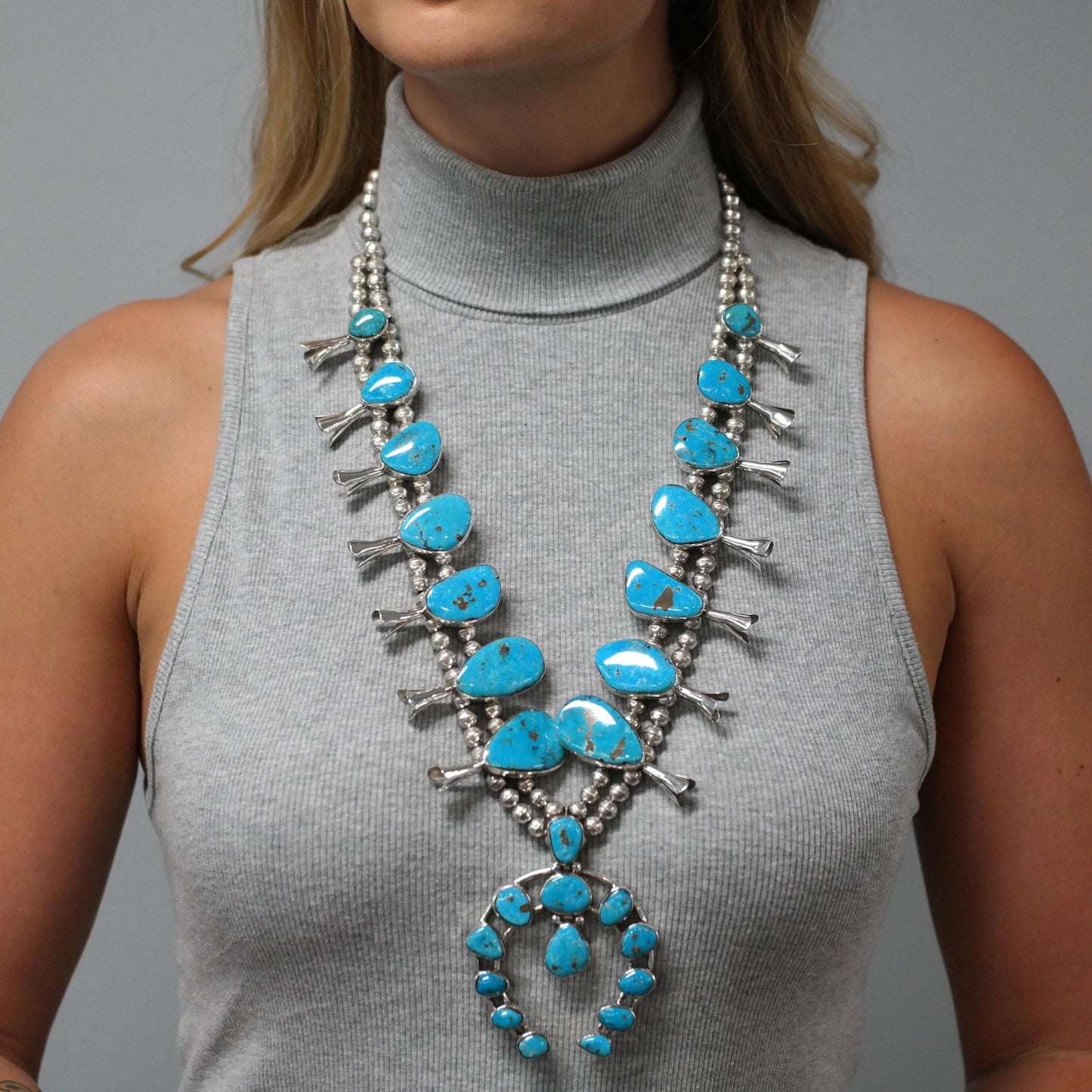 Vintage Squash Blossom Sterling Silver Blue Turquoise Mountain Peak Necklace