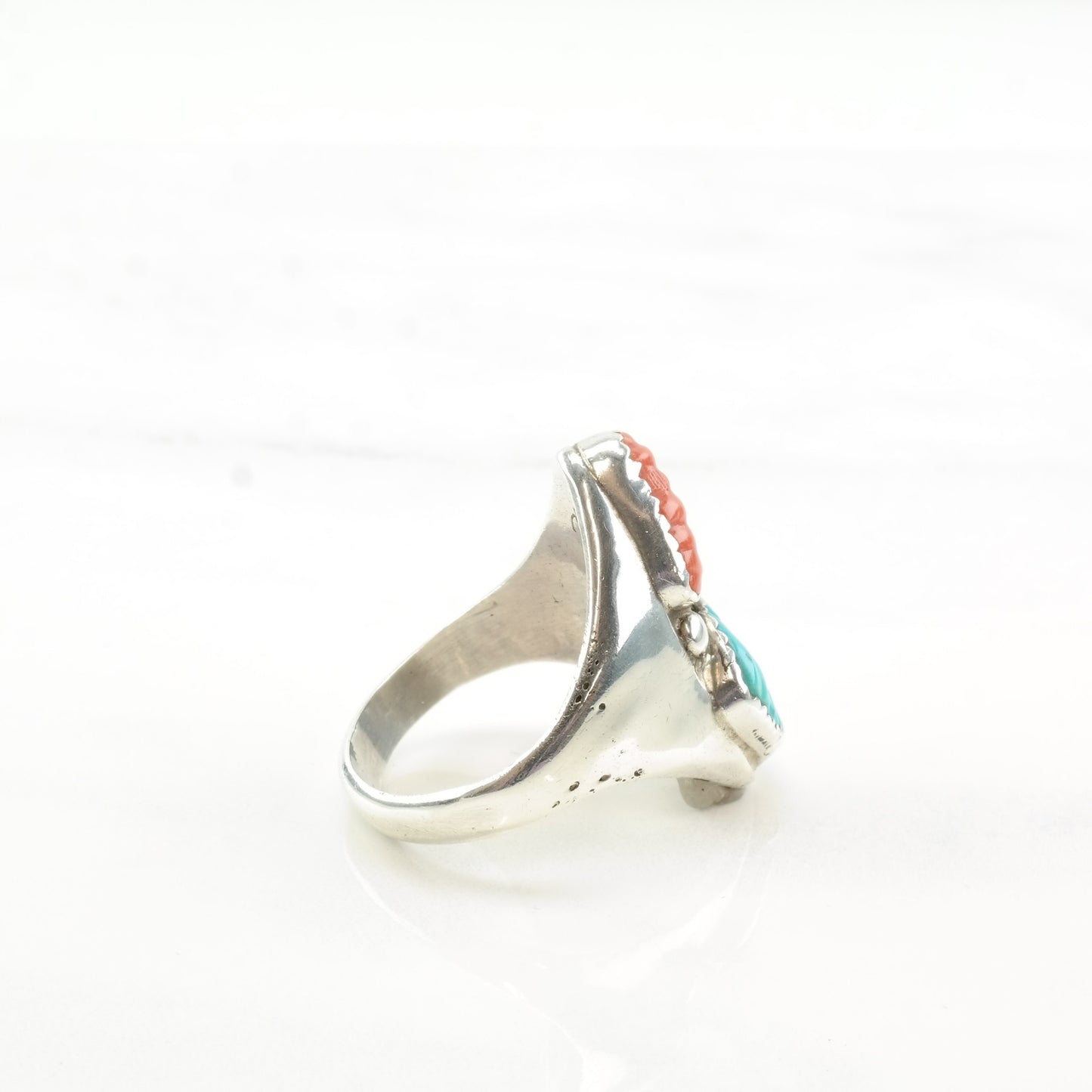 Loyolita Tsattie Zuni Silver Ring Turquoise Coral Carved Leaf Sterling Sz9 1/4 R4513