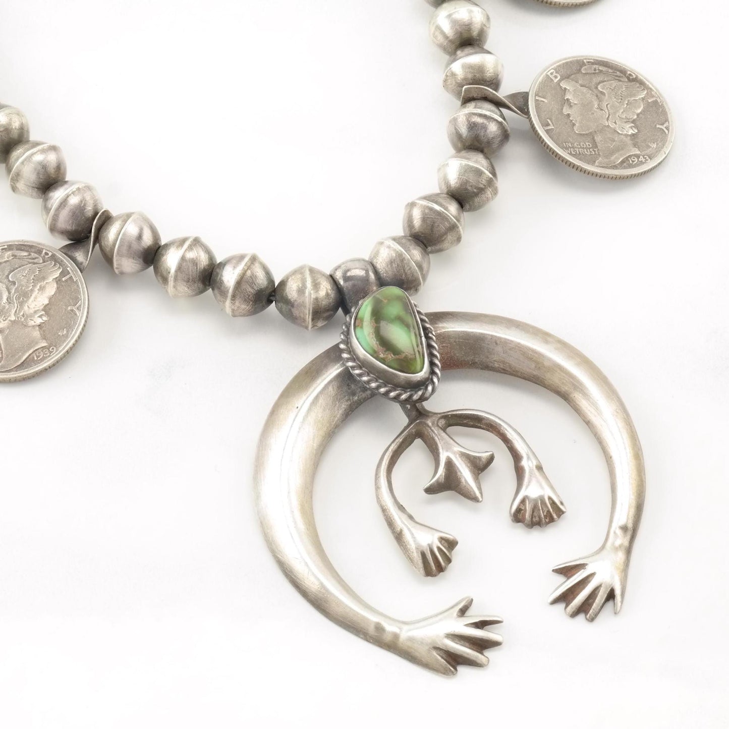 Vintage Native American Turquoise, Mercury Dimes Sterling Silver Squash Blossom Necklace