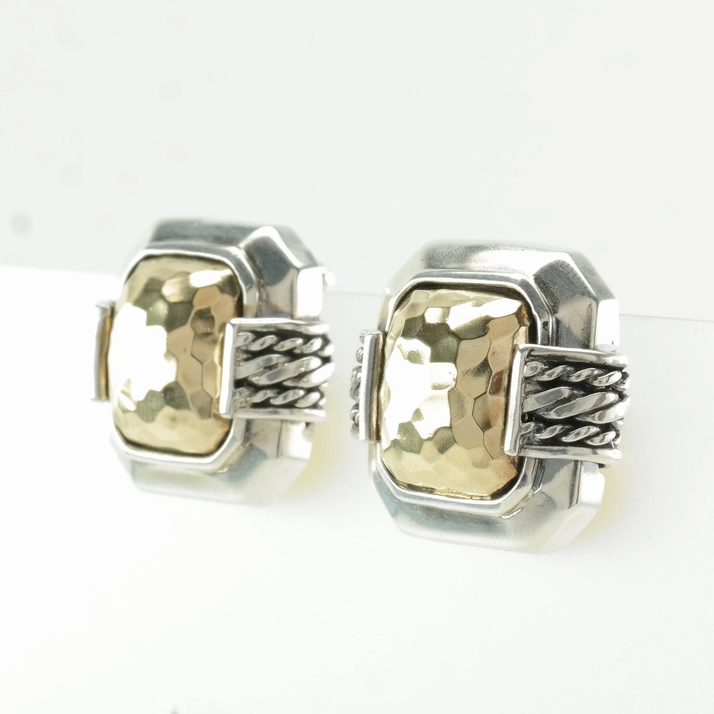 Vintage Sterling Silver 14K Gold Hammered Earrings | 925 Clip-Ons | 1990s | Riz