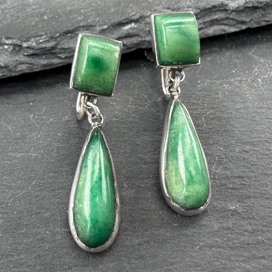 Green Gemstone, Teardrop Screw Back Earrings Sterling Silver