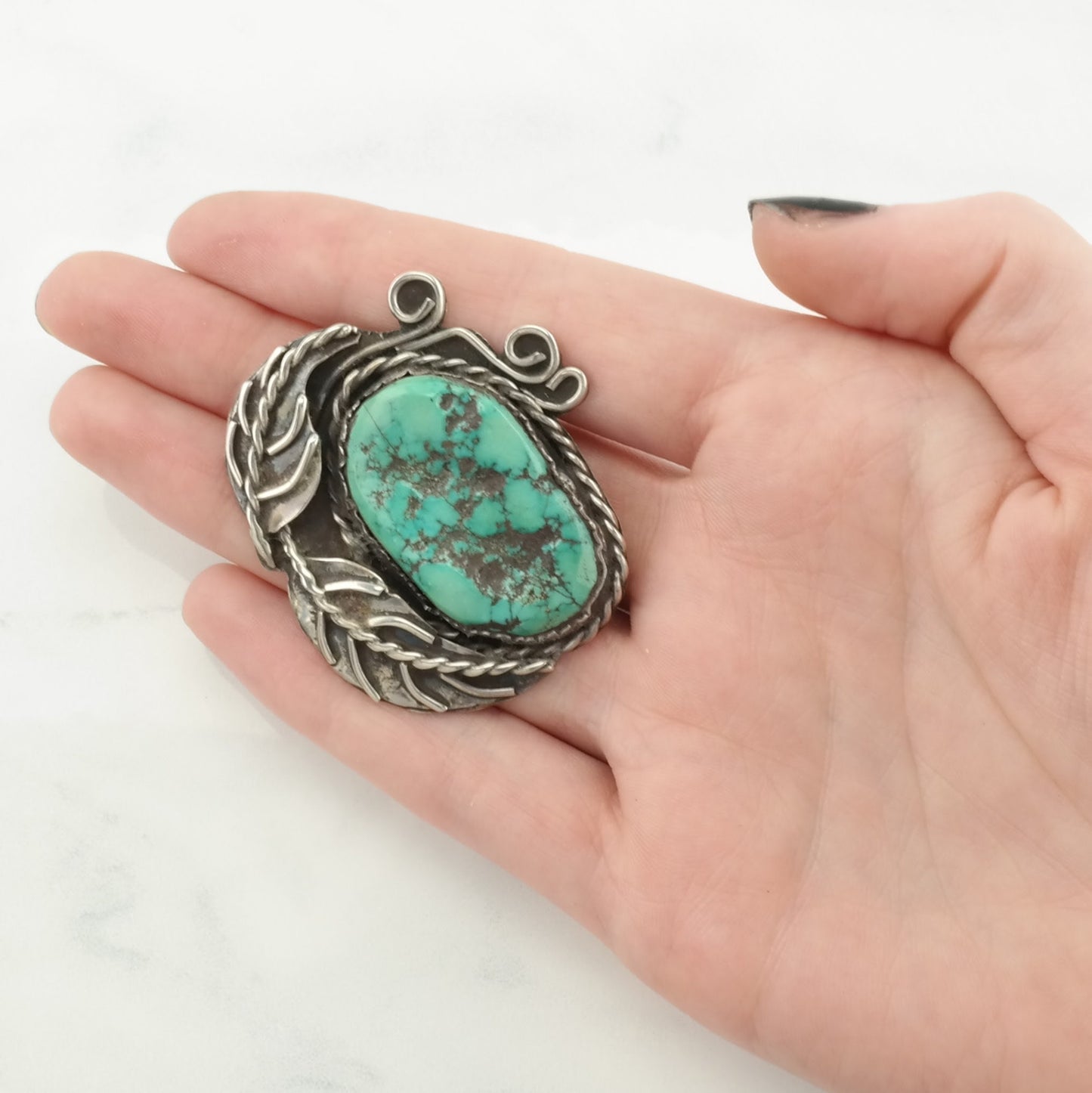Vintage Native American Turquoise Leaf, Large Sterling Silver Pendant