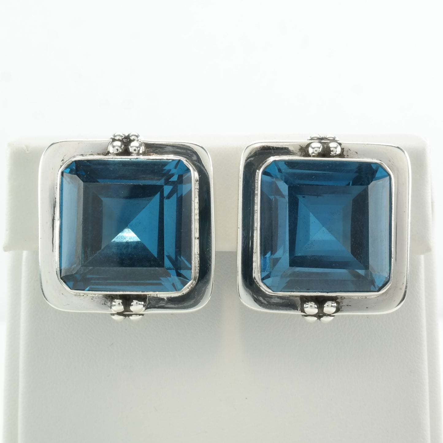 Modernist Sterling Silver Blue Large, Topaz Square Earrings Clip on