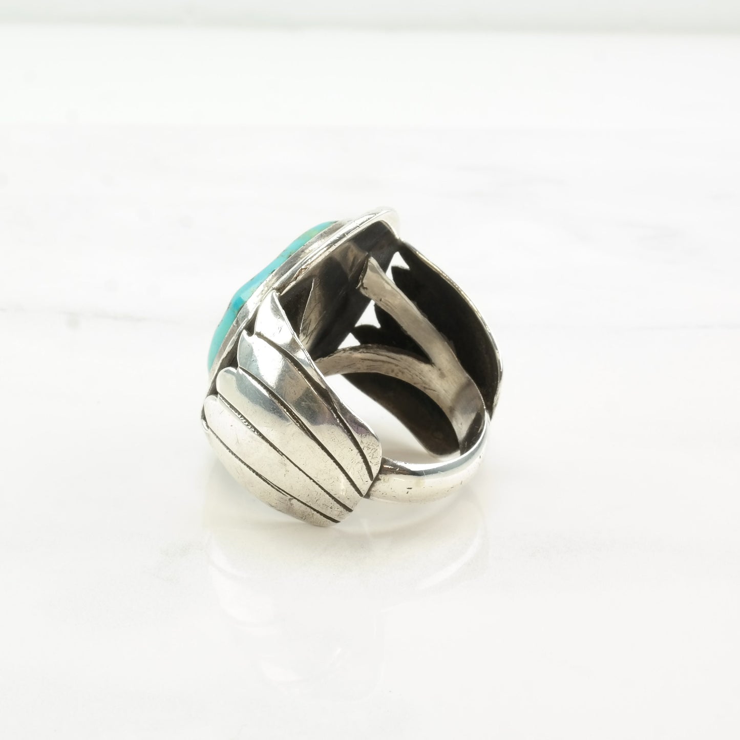 Vintage Southwest Sterling Silver & Turquoise Feather Shadowbox Ring, Size 12.5