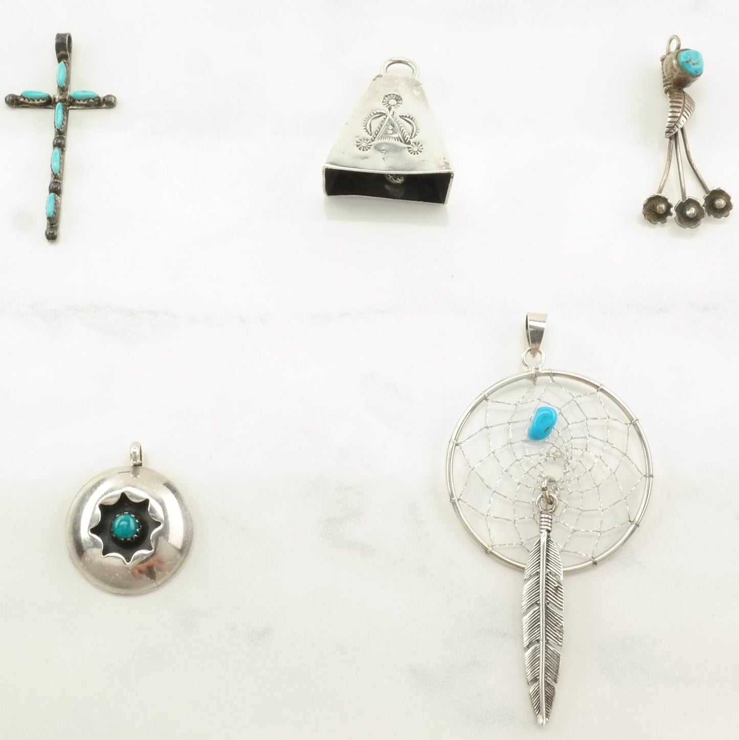 Vintage Pendant Choice Turquoise, Cross, Bell, Floral, Shadowbox, Dreamcatcher Sterling Silver