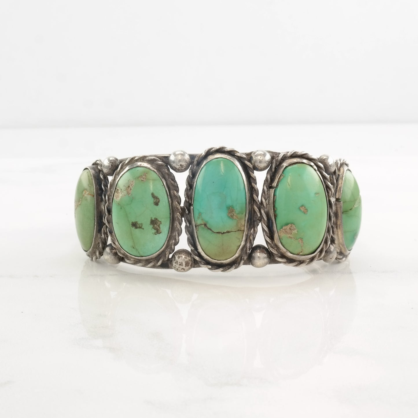 Early, Native American Sterling Silver Cuff Bracelet Cerillos, Turquoise 5 Stone
