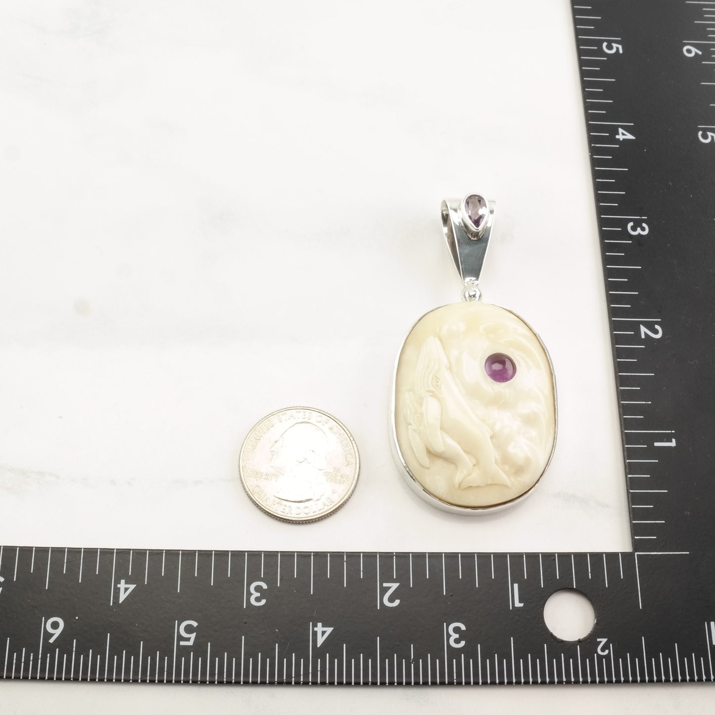 Sajen Amethyst Resin Oval Whale Carved Sterling Silver Pendant P2245