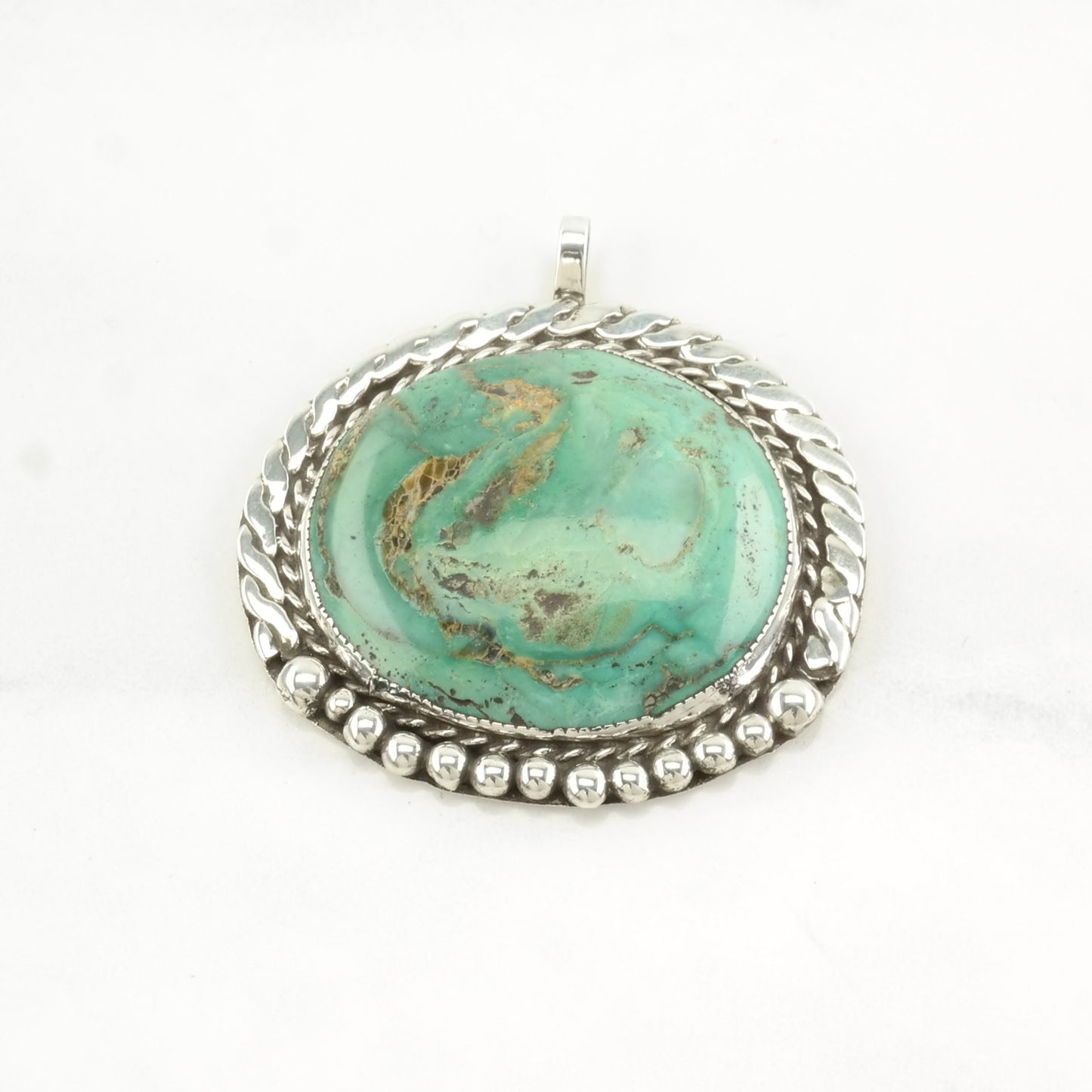 Vintage Native American Turquoise Rope Detail Sterling Silver Pendant