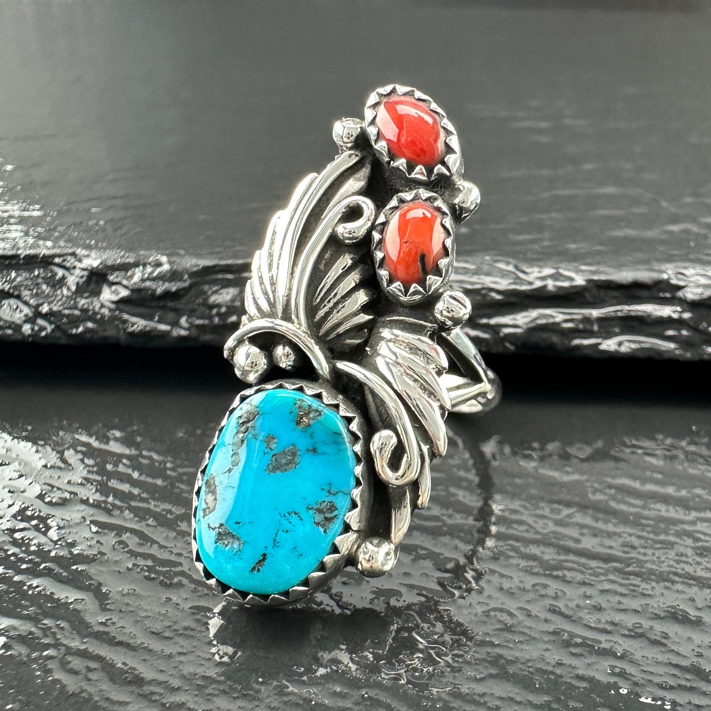 Native American Turquoise, Coral Ring Sterling Silver