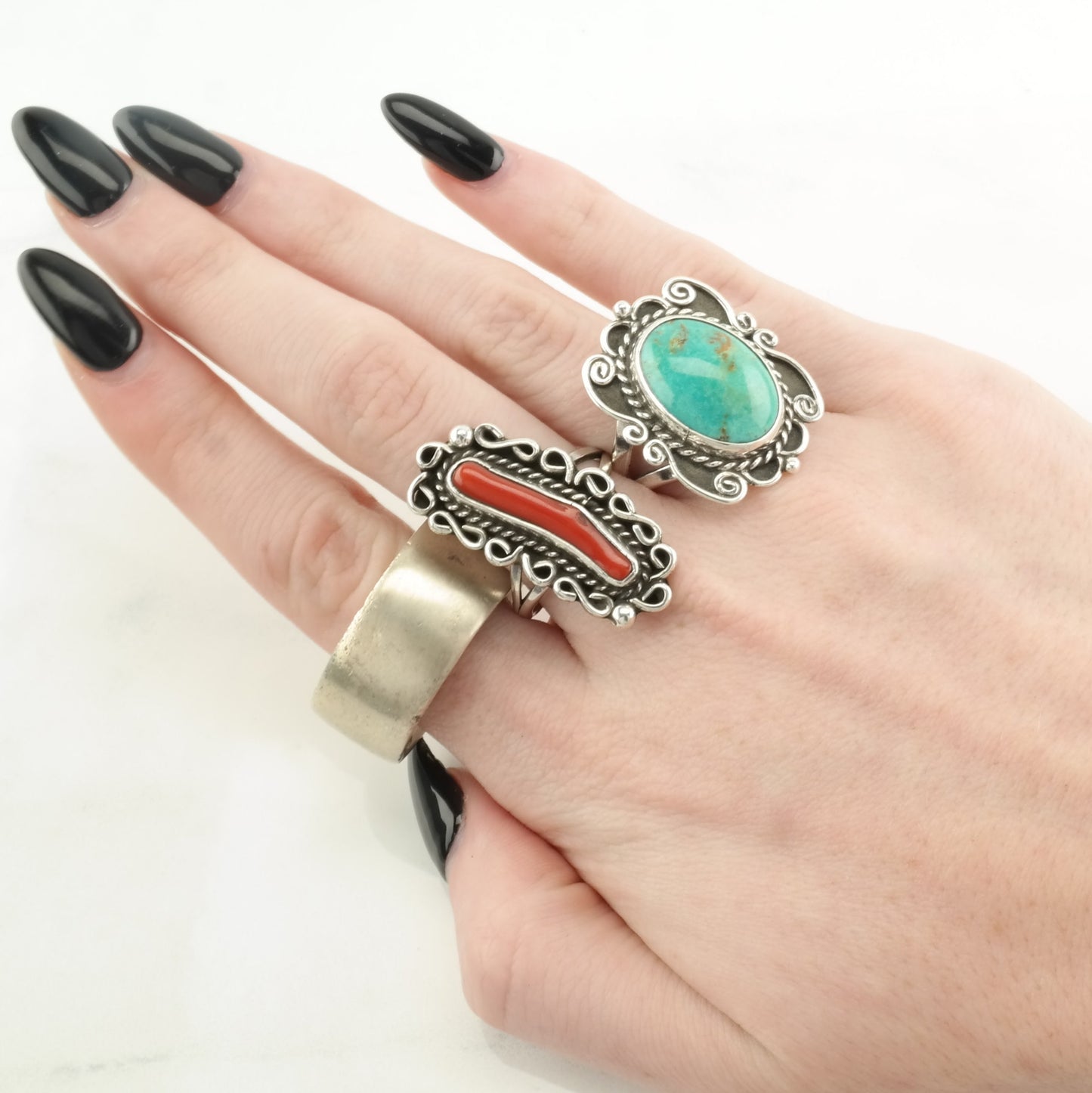 Vintage Southwest Silver Ring Turquoise Scroll Detail Sterling Blue Size 8 1/4
