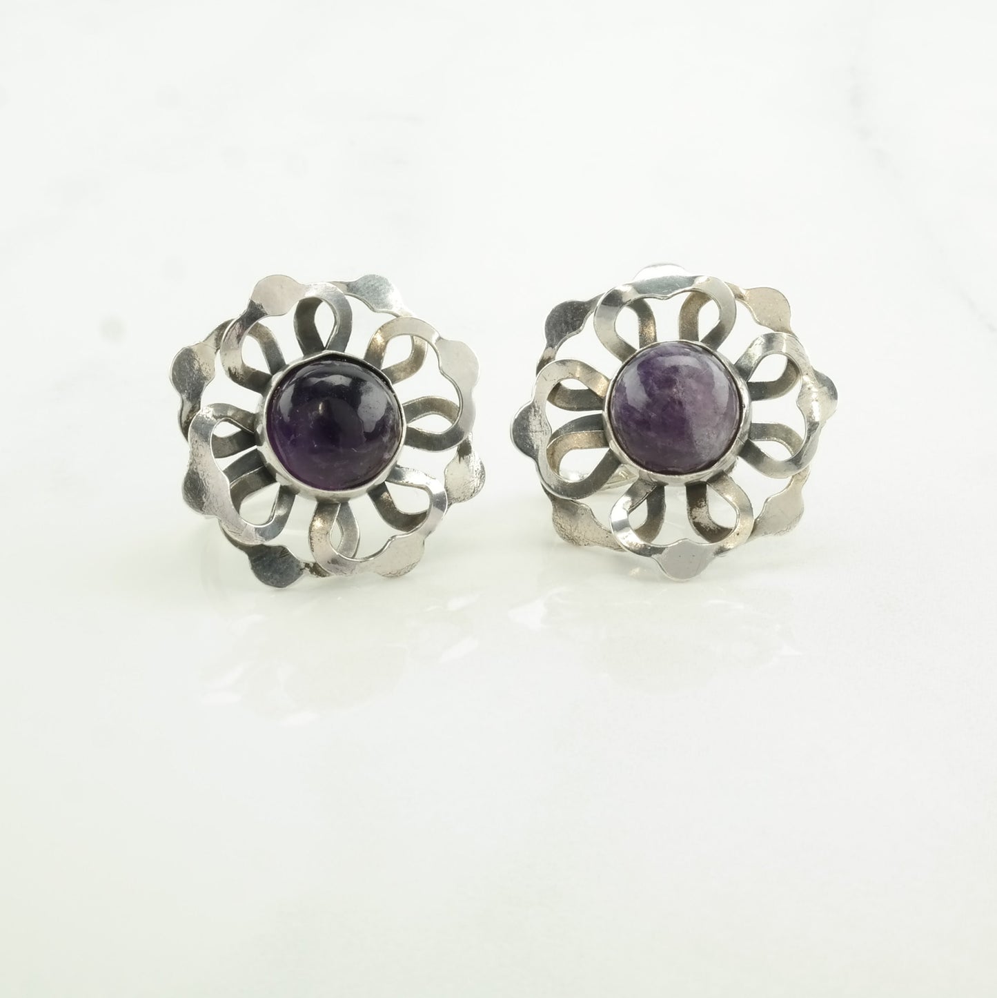 Taxco Style Sterling Silver Amethyst Floral Earrings Screw back
