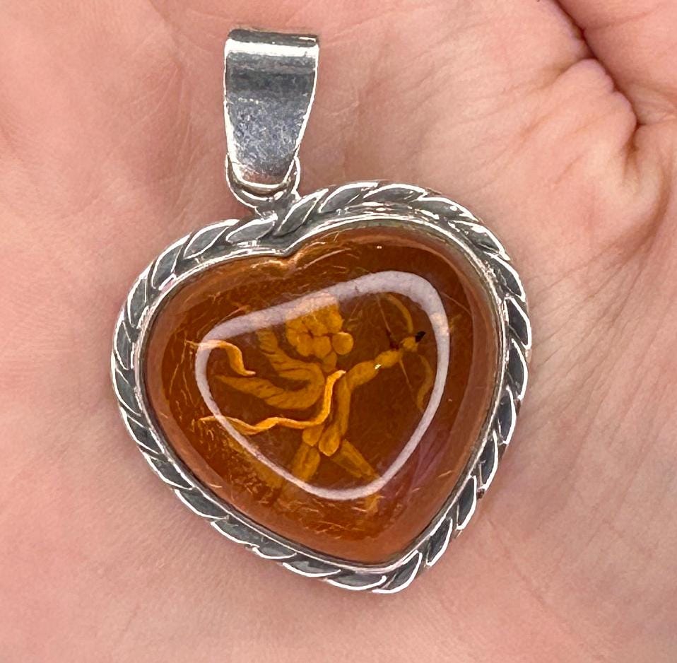 Vintage Amber Heart Intaglio Cupid Sterling Silver Pendant Orange