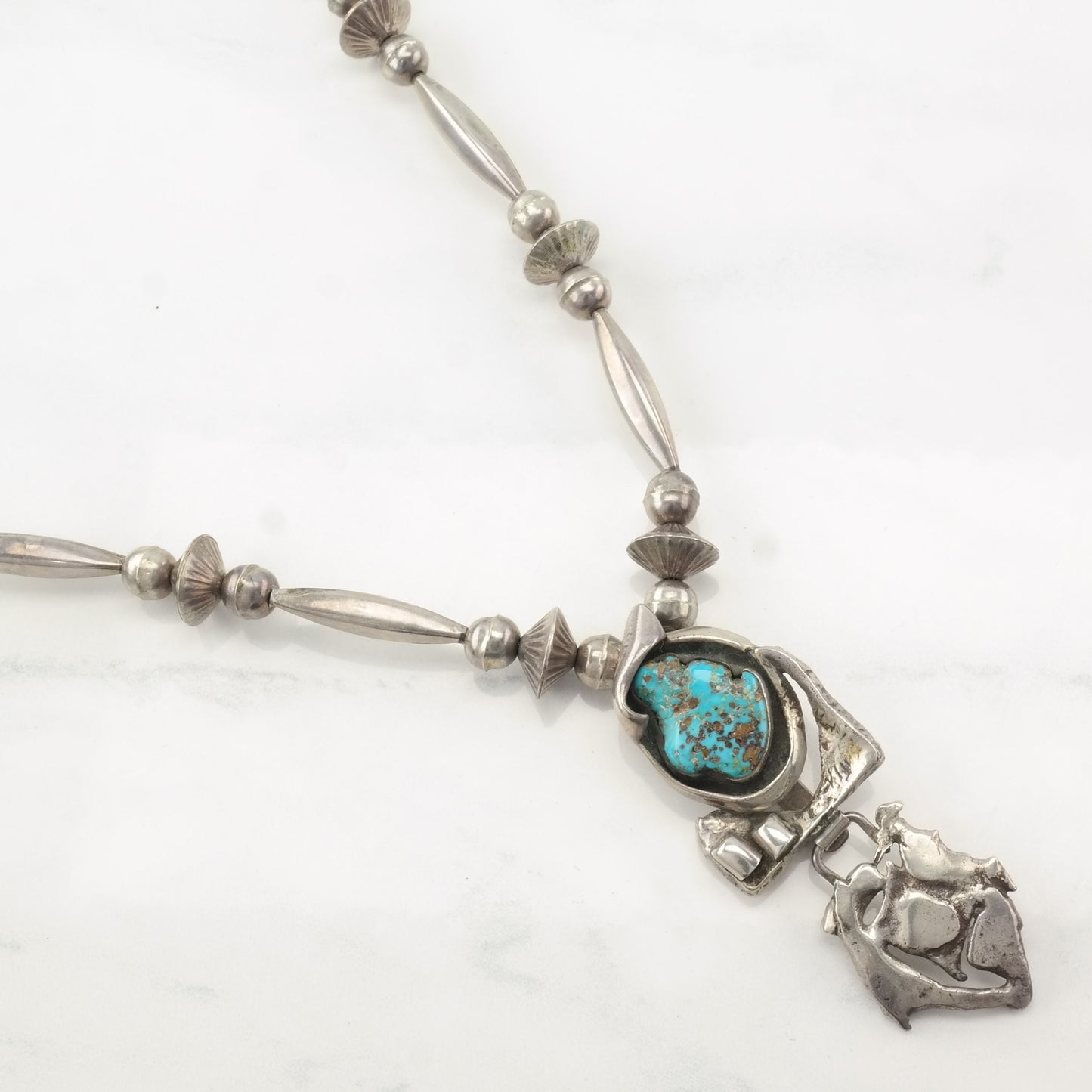 Vintage Native American Sterling Silver Blue Turquoise Brutalist Beaded Necklace