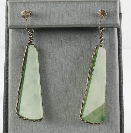 Vintage Green Jade Earrings | Sterling Silver Dangle Earrings | Art Deco Style | 1940s