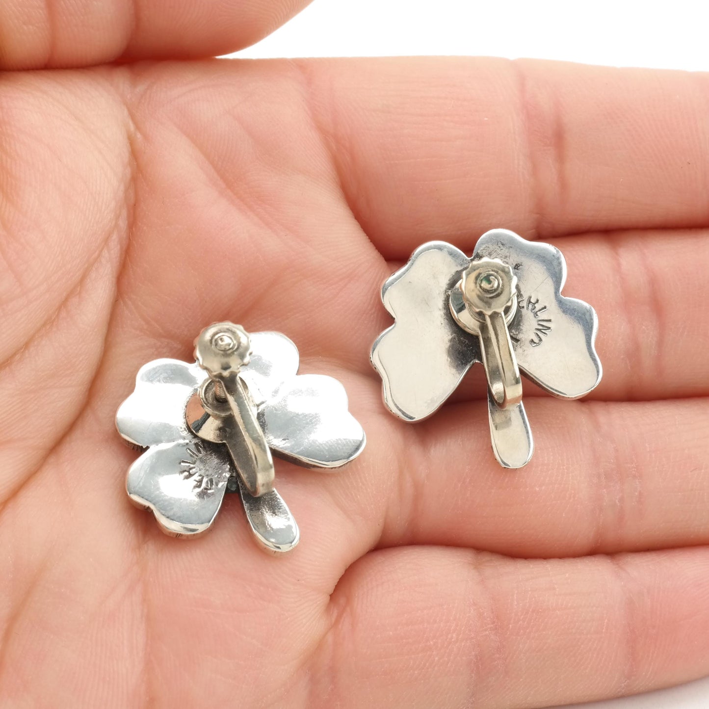 Vintage Four Leaf Clover Screw Back Earrings Sterling Silver Gemstone Inlay
