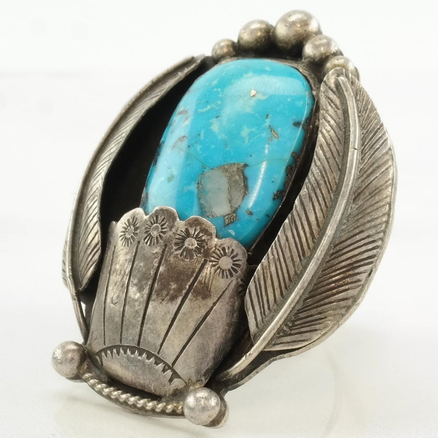 Vintage Native American Silver Ring Turquoise Feather, Stamped Sterling Size 7